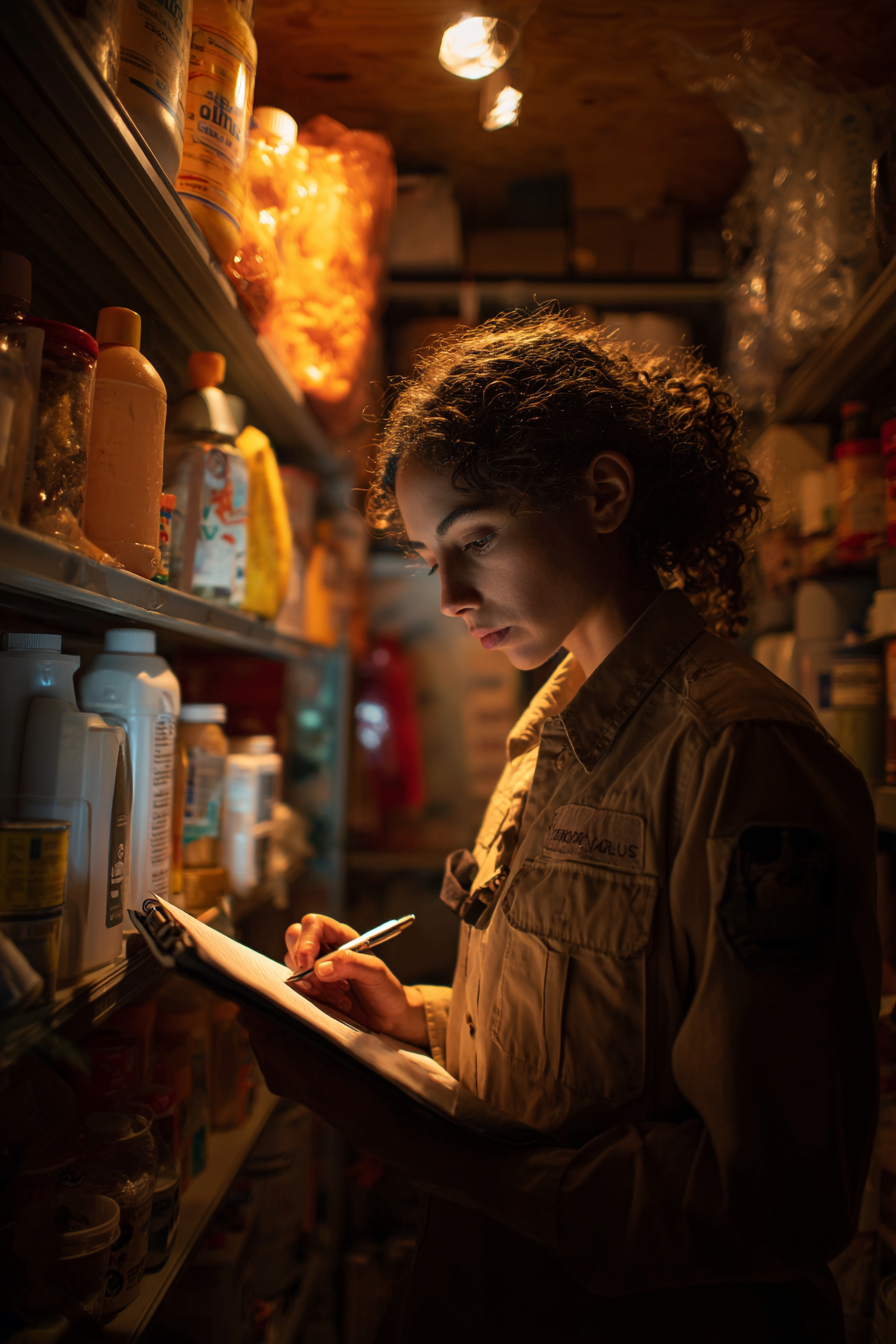prepper woman checking her emergency preparedness checklist