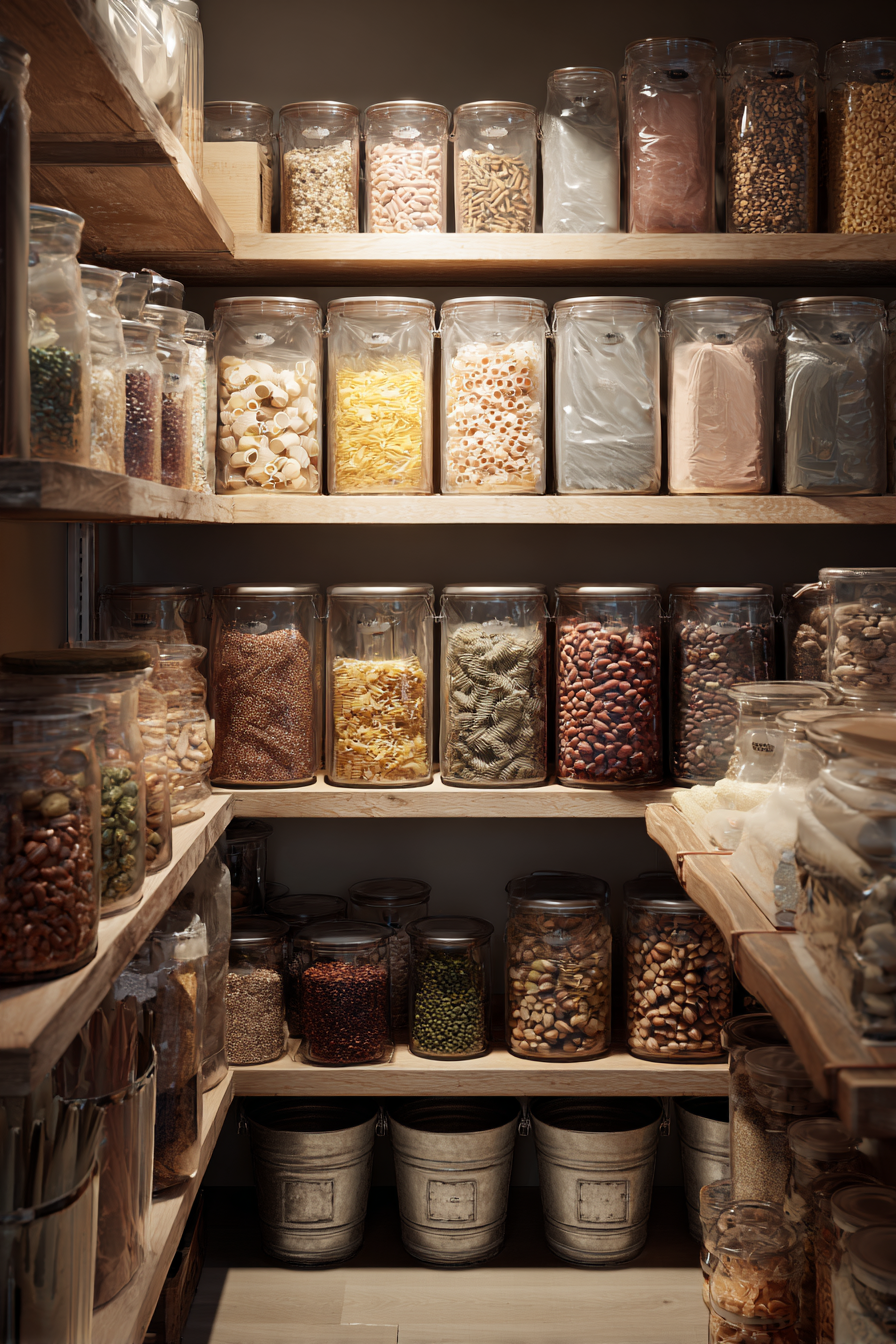 Organized long-term food storage with vacuum-sealed bags, jars, and pantry staples.